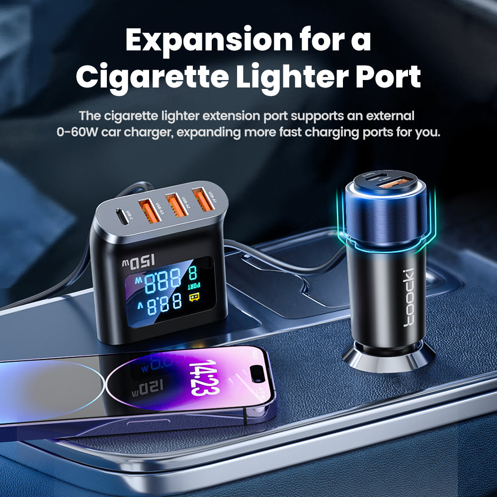 TOOCKI TQ-CC32 150W Car Charger Adapter Multi-Port Phone Hub with LCD Digital Display TOOCKI TQ-CC32 150W Car Charger Adapter Multi-Port Phone Hub with LCD Digital Display